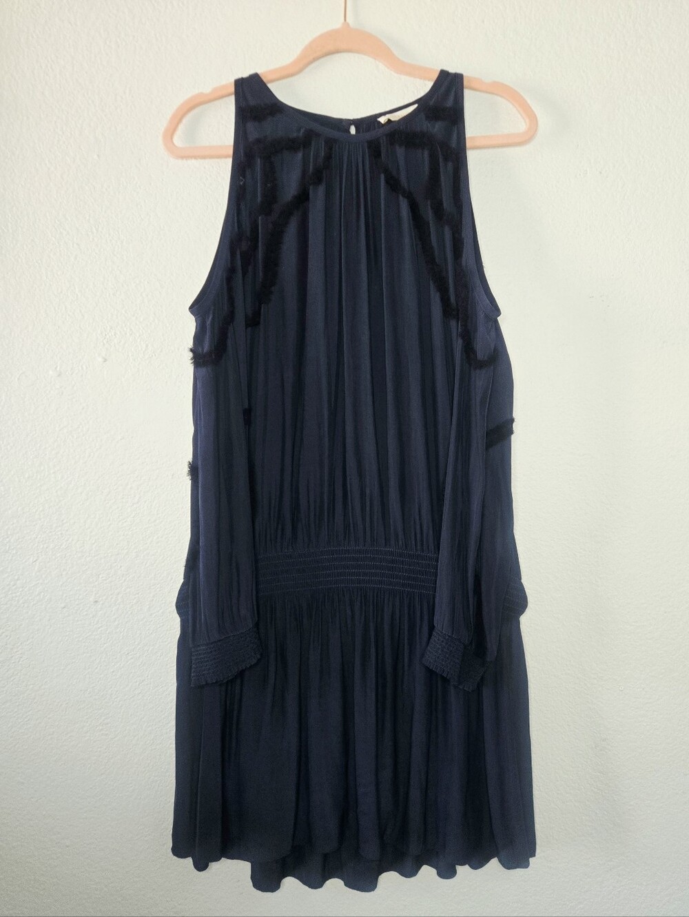 Ramy Brooke Taima Cold Shoulder Long Sleeve Smocked Drop Waist Mini Navy Large